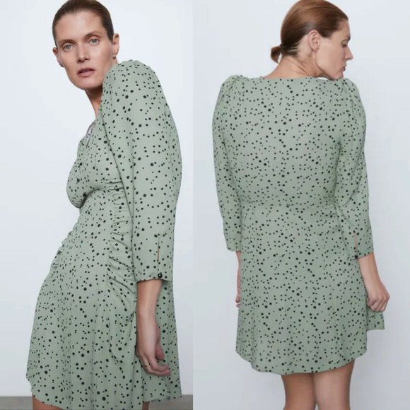 Zara Dresses & Skirts - Zara Sage Green & Black Polka Dot Long sleeve Ruched V Neck Mini Dress S…
